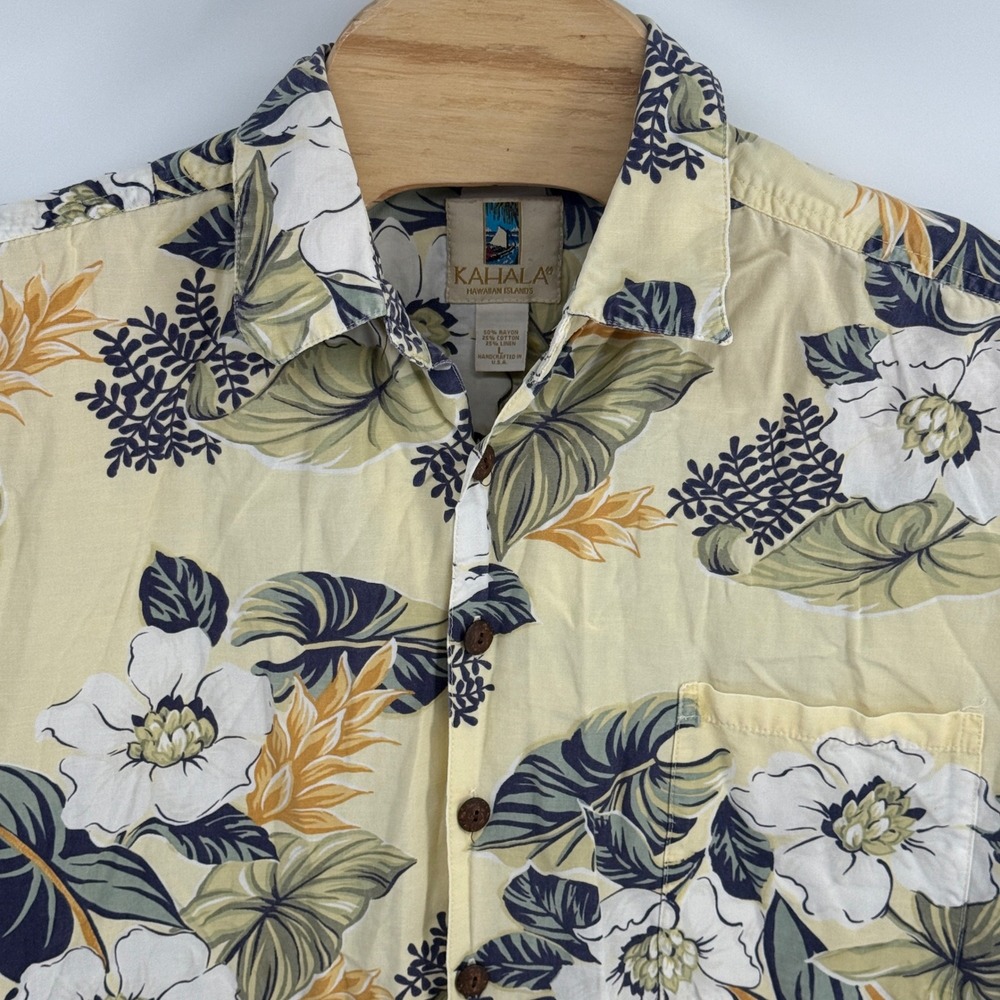 Kahala Mens Large Yellow‎ Floral Linen Blend Hawaiian Aloha Shirt Made in USA